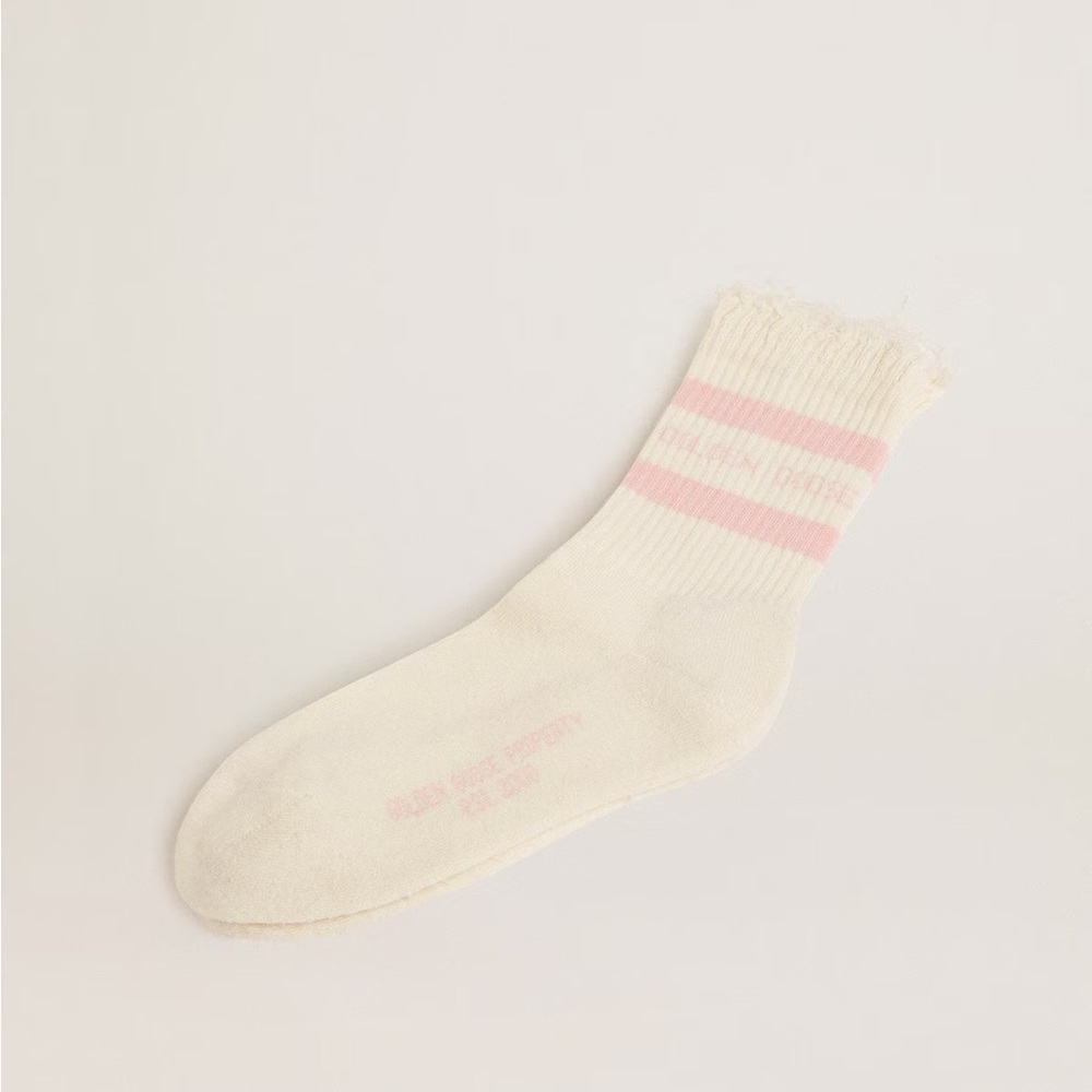 Golden Goose Distressed-finish white socks with baby-pink logo and stripes